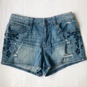 L'amour Distressed and Embroidered Denim Shorts